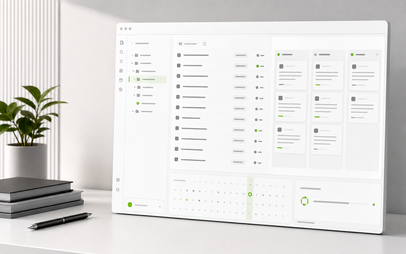 Light product mockup of Neseser with folder navigation, task rows, kanban lanes, calendar activity, and sync status